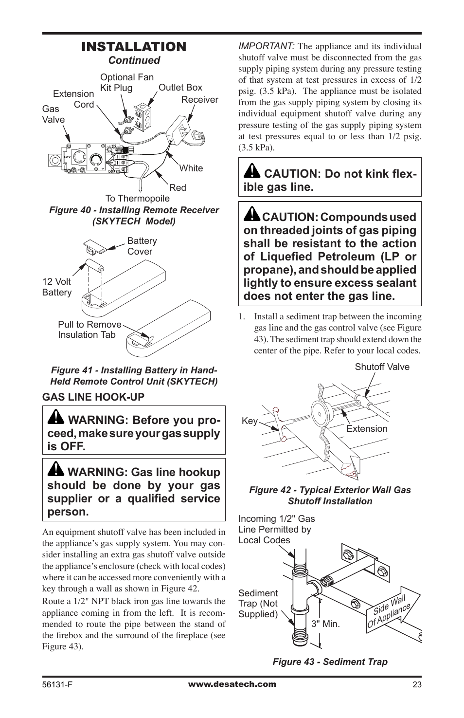 Installation, Gas line hook-up, Continued | Desa (V)DVF36 User Manual | Page 23 / 36