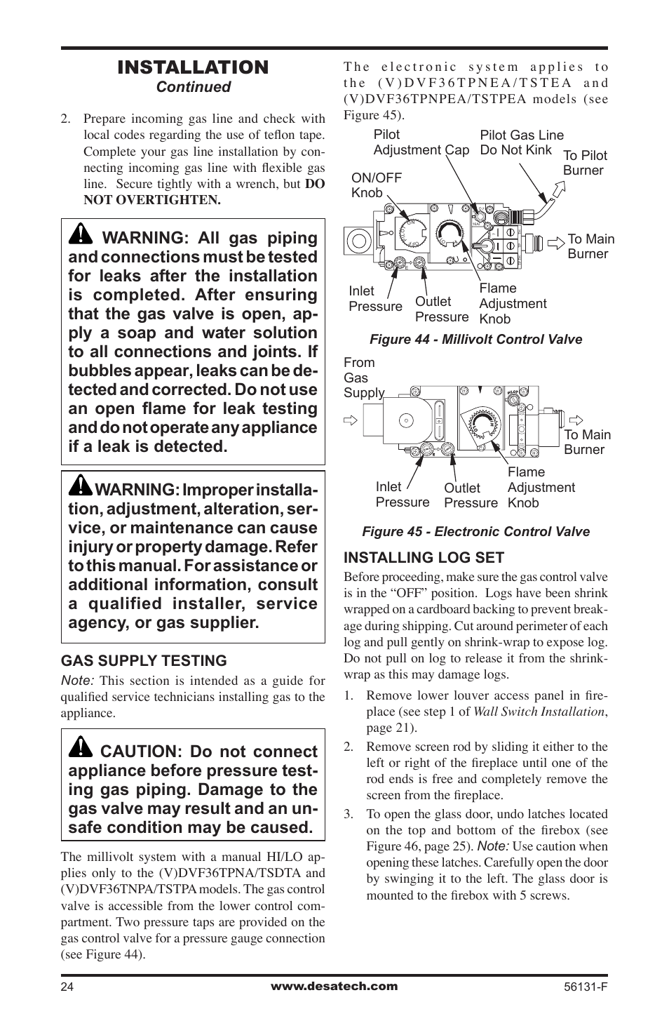 Installation, Continued gas supply testing, Installing log set | Desa (V)DVF36 User Manual | Page 24 / 36