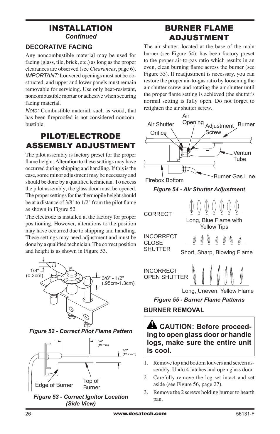 Pilot/electrode assembly adjustment, Burner flame adjustment, Installation | Desa (V)DVF36 User Manual | Page 26 / 36