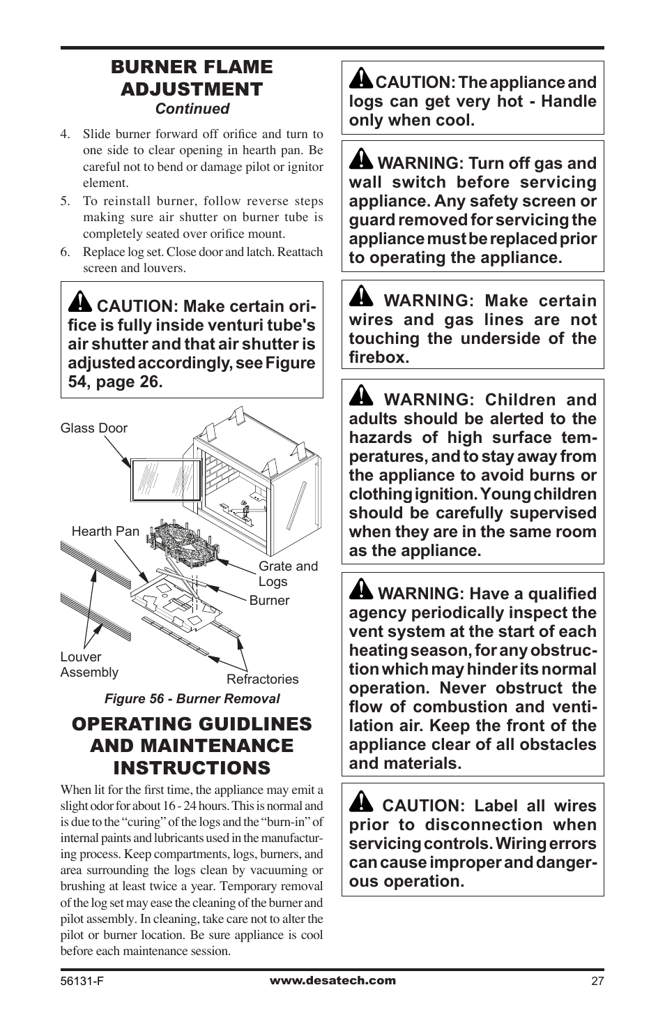 Operating guidlines and maintenance instructions, Burner flame adjustment | Desa (V)DVF36 User Manual | Page 27 / 36