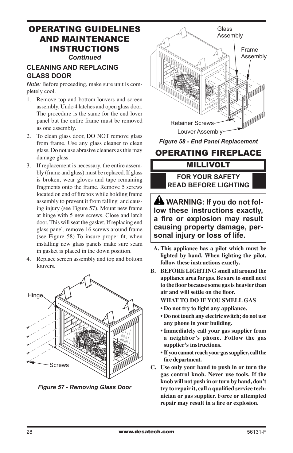 Operating fireplace, Operating guidelines and maintenance instructions, Millivolt | Desa (V)DVF36 User Manual | Page 28 / 36