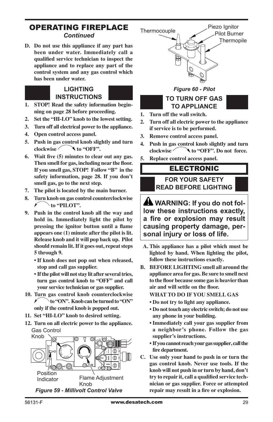 Operating fireplace, Electronic, Lighting instructions | Continued to turn off gas to appliance, For your safety read before lighting | Desa (V)DVF36 User Manual | Page 29 / 36