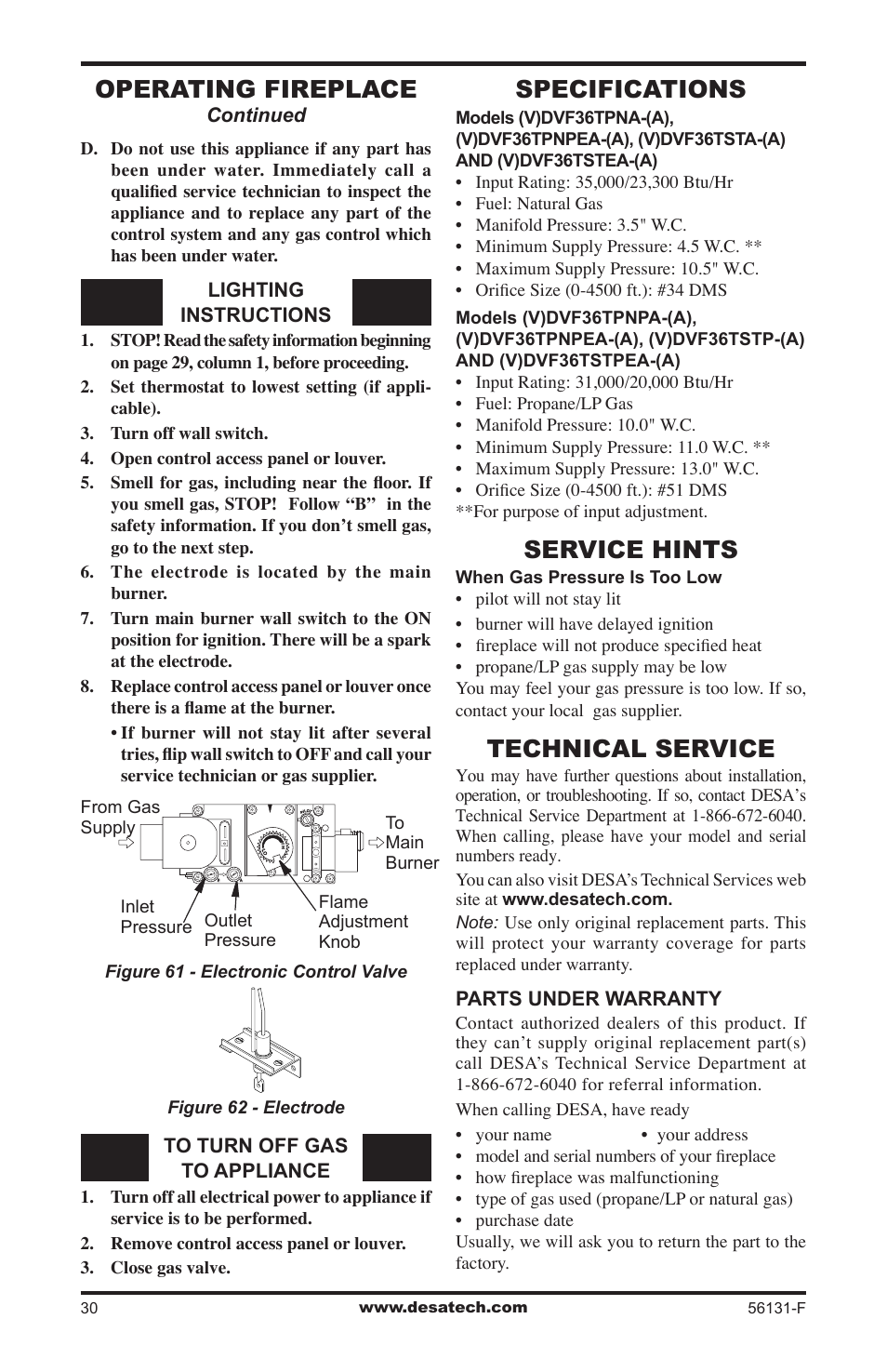 Specifications, Service hints, Technical service | Operating fireplace | Desa (V)DVF36 User Manual | Page 30 / 36