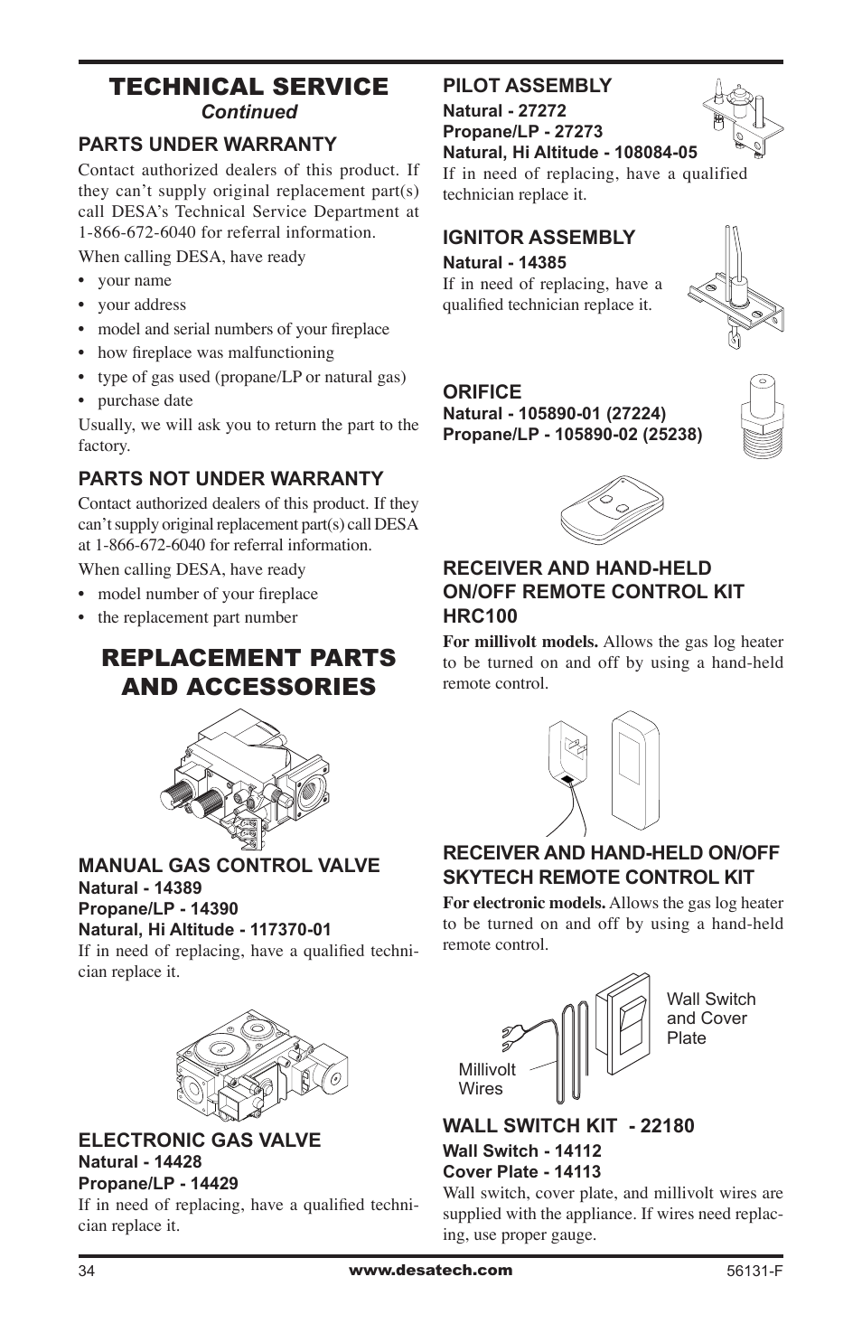 Replacement parts and accessories, Technical service | Desa (V)DVF36 User Manual | Page 34 / 36