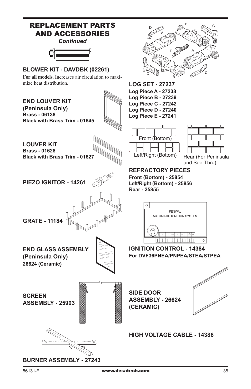 Replacement parts and accessories, Louver kit, End louver kit (peninsula only) | Refractory pieces, For dvf36pnea/pnpea/stea/stpea | Desa (V)DVF36 User Manual | Page 35 / 36
