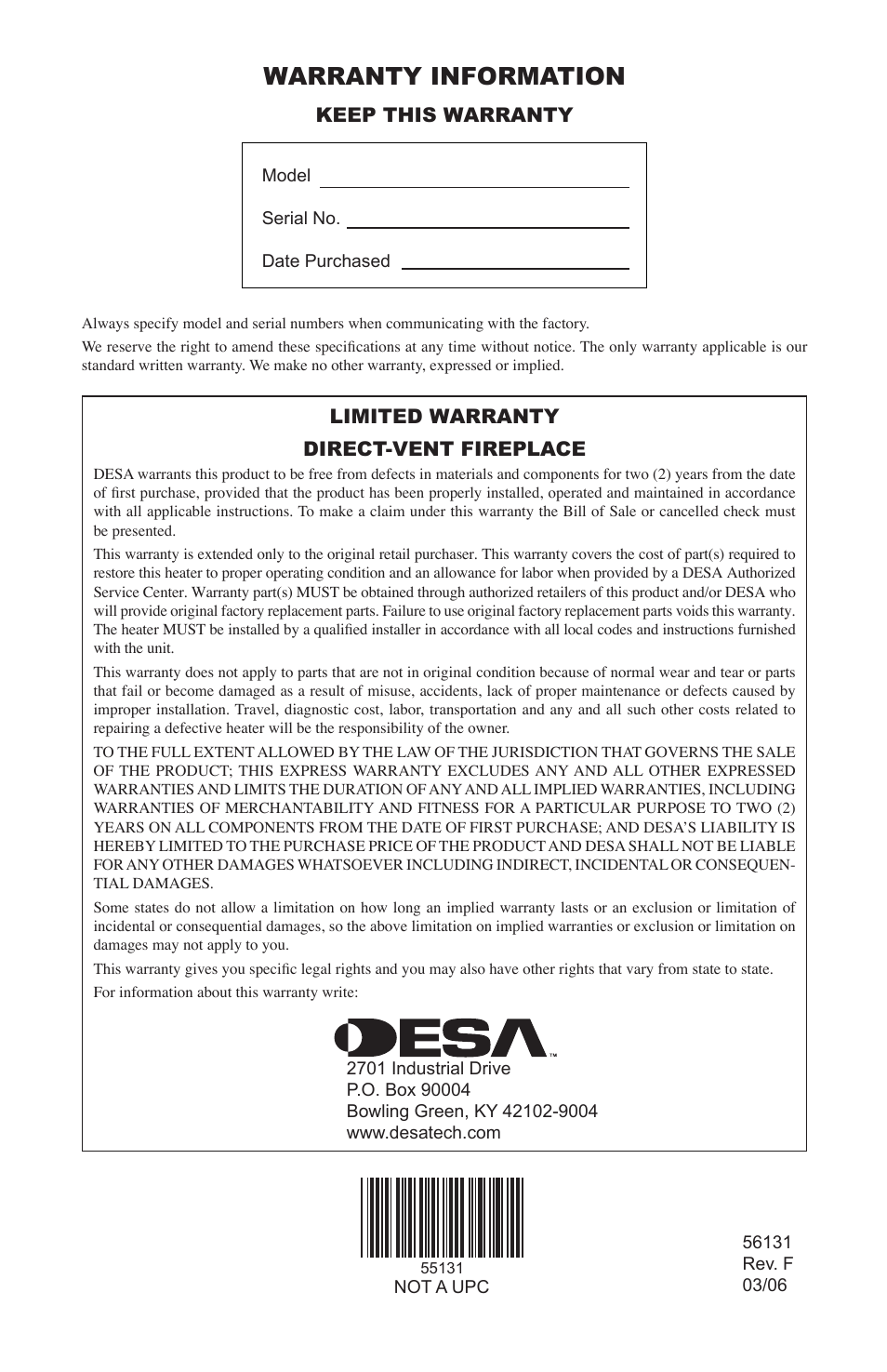 Warranty information, Keep this warranty, Limited warranty direct-vent fireplace | Desa (V)DVF36 User Manual | Page 36 / 36