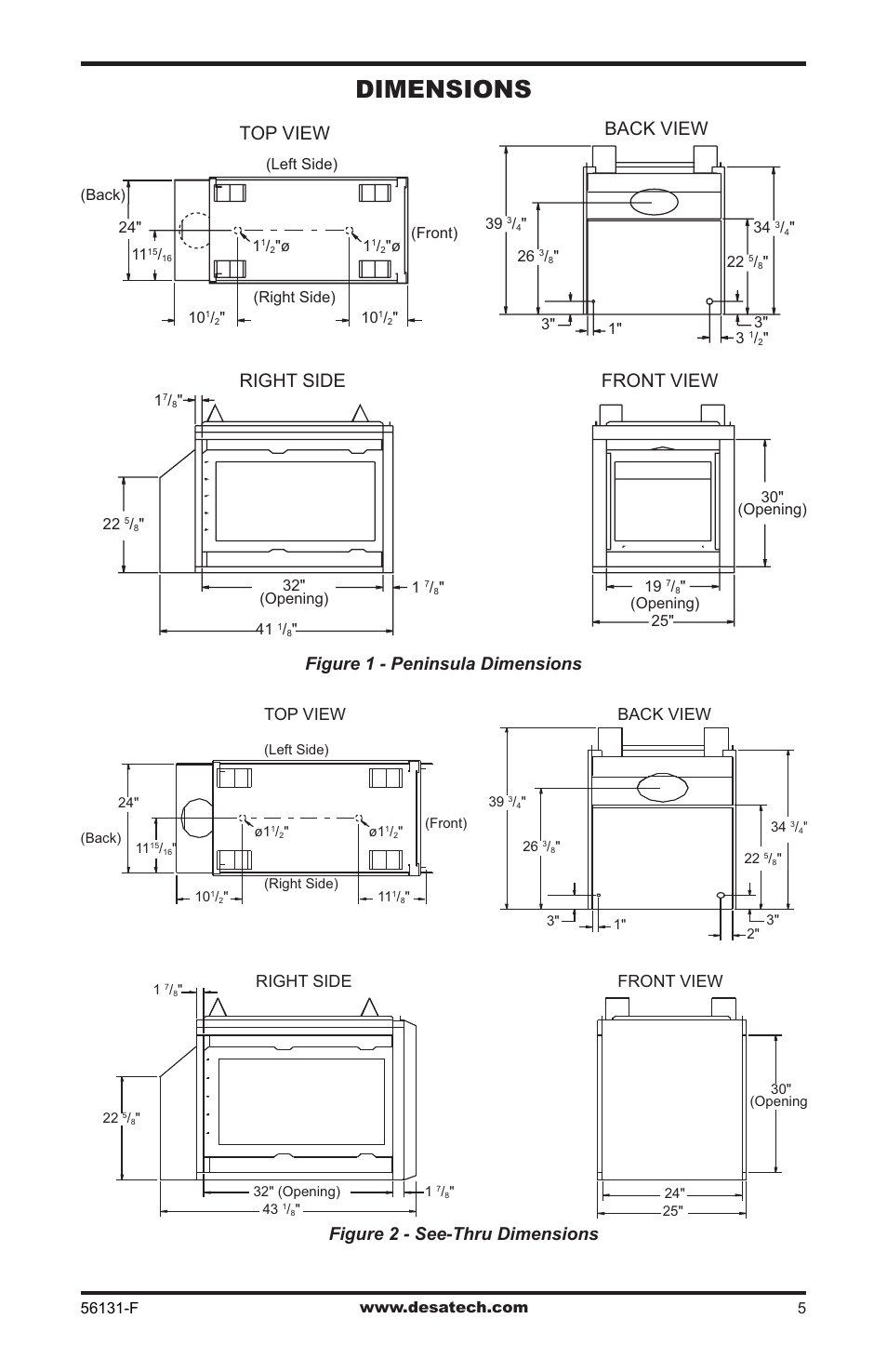 Dimensions, Front view, Right side | Back view top view, Back view, Top view | Desa (V)DVF36 User Manual | Page 5 / 36