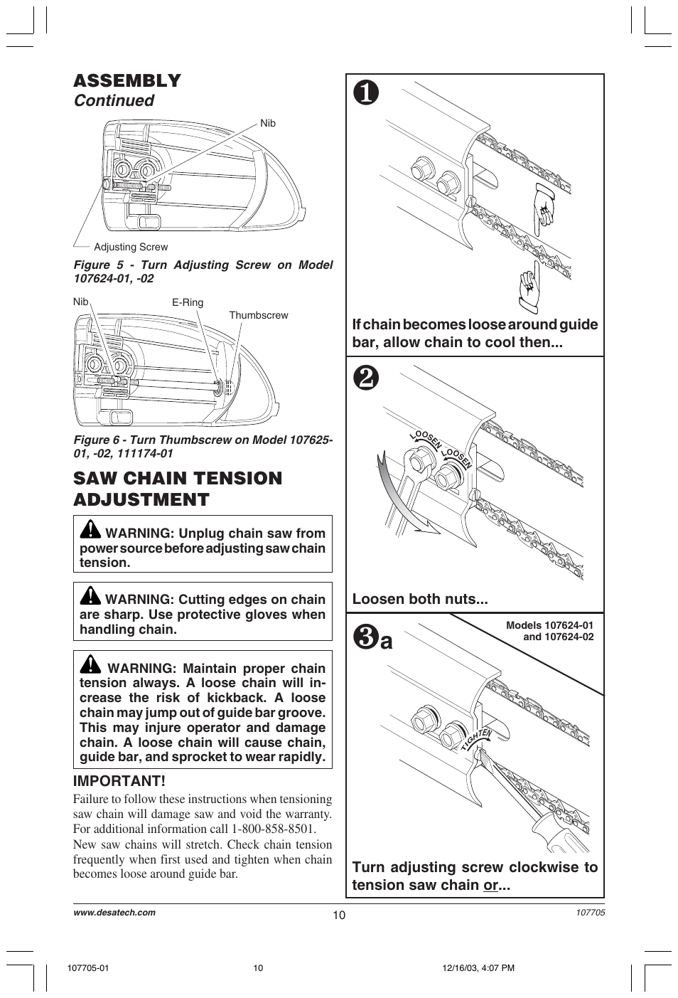 Saw chain tension adjustment, Assembly, Continued | Desa 107624-01 User Manual | Page 10 / 68