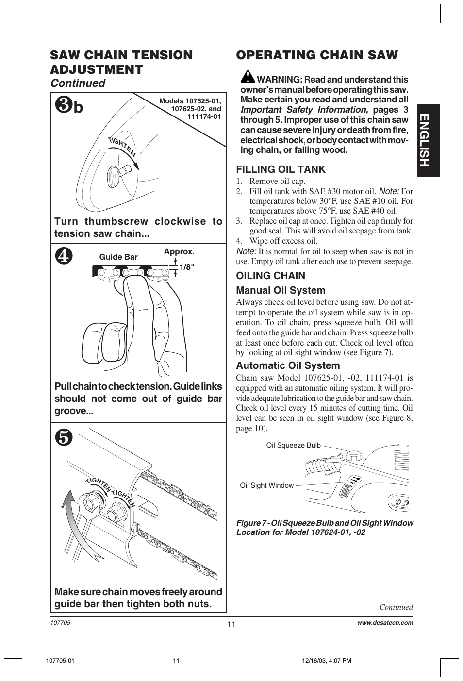 English operating chain saw, Saw chain tension adjustment, Continued | Desa 107624-01 User Manual | Page 11 / 68