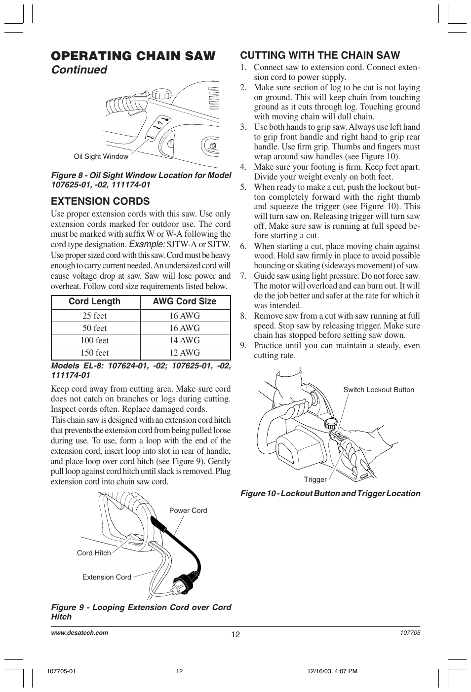 Operating chain saw, Continued | Desa 107624-01 User Manual | Page 12 / 68