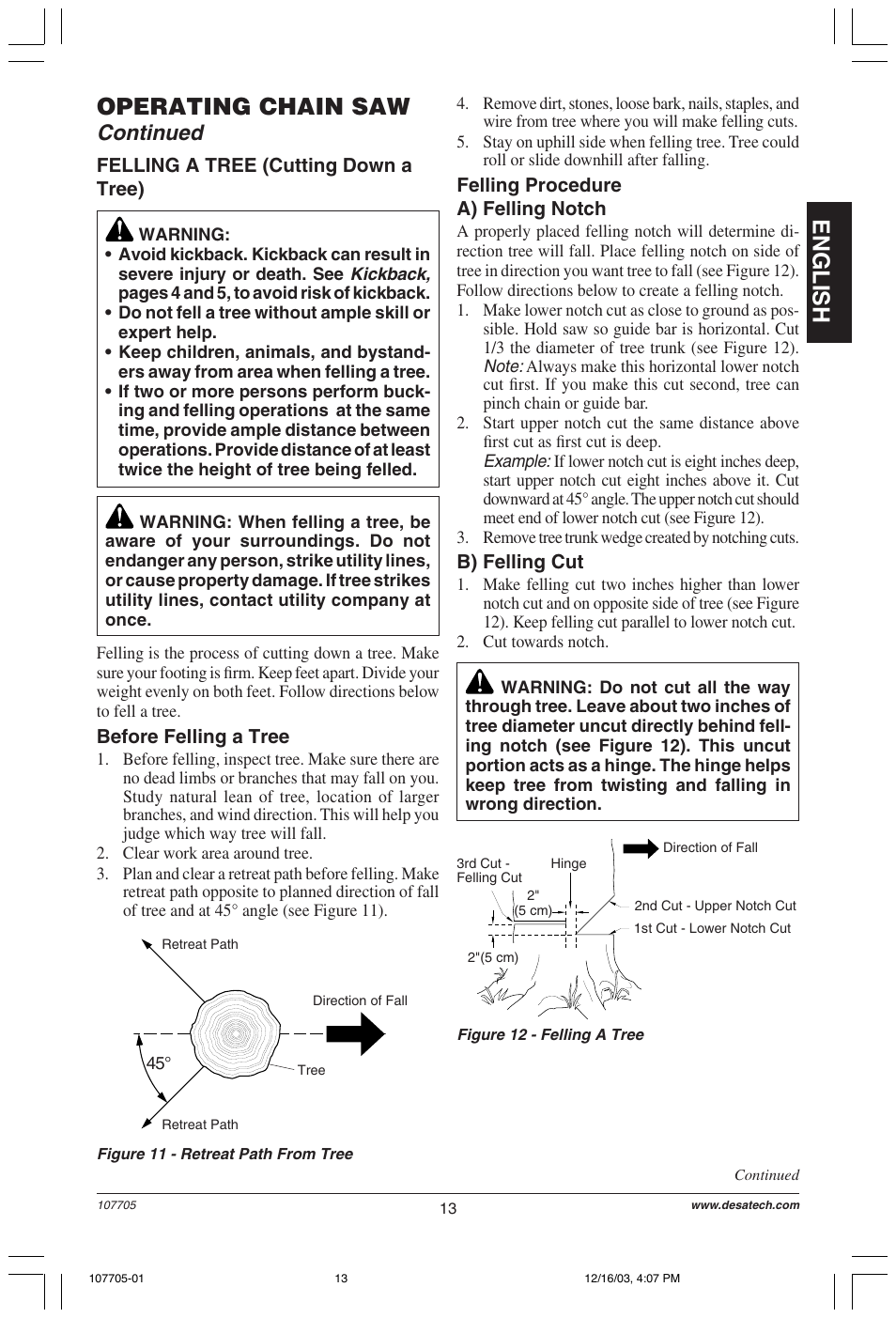 English, Operating chain saw, Continued | Desa 107624-01 User Manual | Page 13 / 68