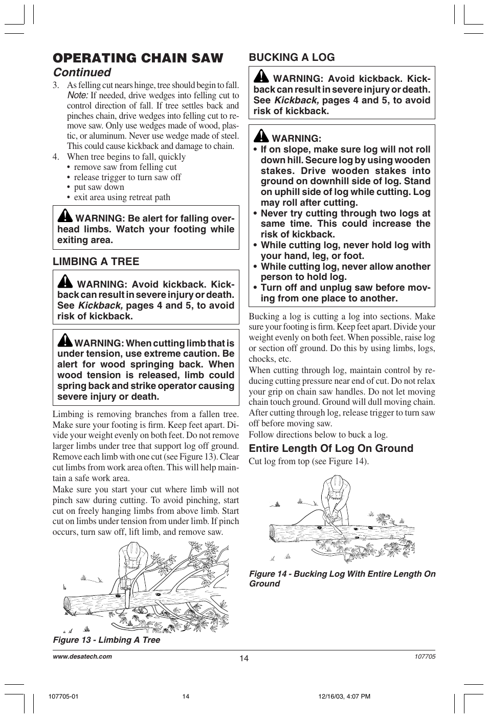 Operating chain saw, Continued | Desa 107624-01 User Manual | Page 14 / 68