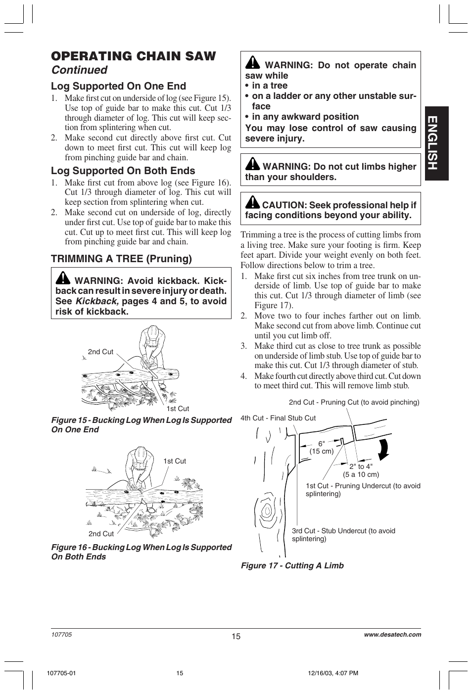 English operating chain saw, Continued | Desa 107624-01 User Manual | Page 15 / 68