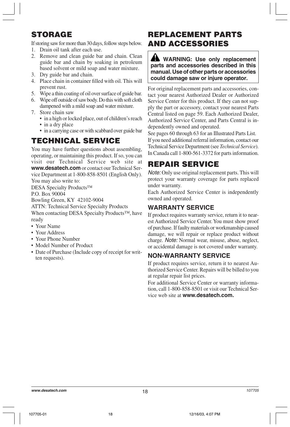 Storage, Technical service, Replacement parts and accessories | Repair service | Desa 107624-01 User Manual | Page 18 / 68