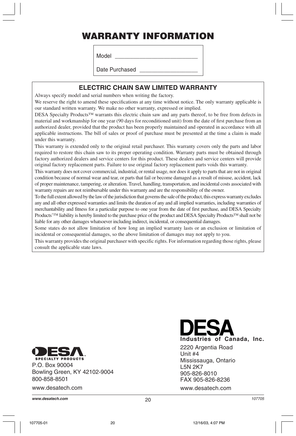 Warranty information | Desa 107624-01 User Manual | Page 20 / 68