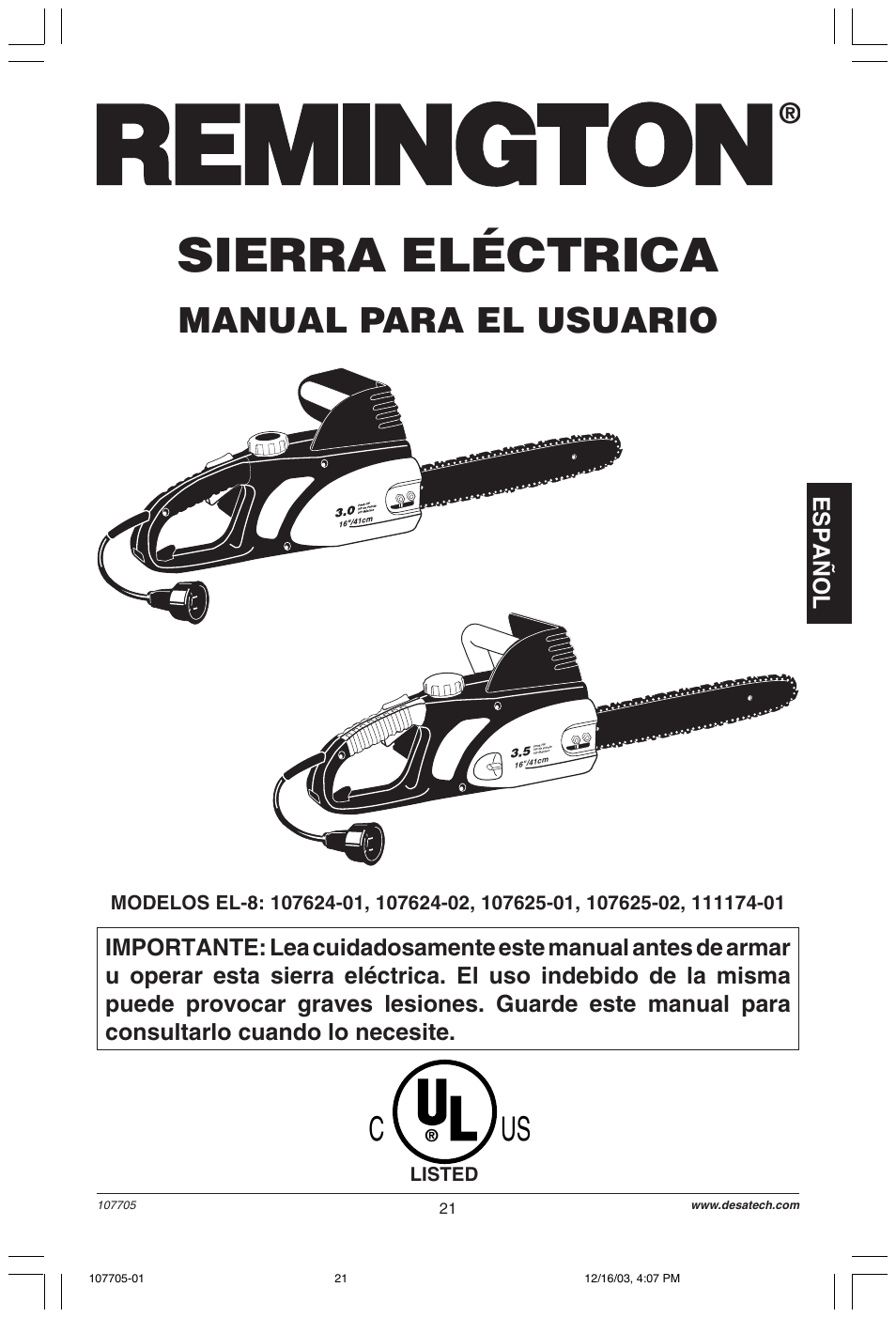 Sierra eléctrica, Manual para el usuario, Español | Listed | Desa 107624-01 User Manual | Page 21 / 68