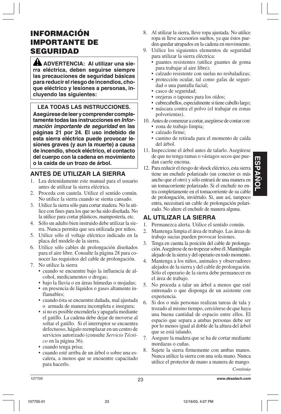 Español, Información importante de seguridad | Desa 107624-01 User Manual | Page 23 / 68