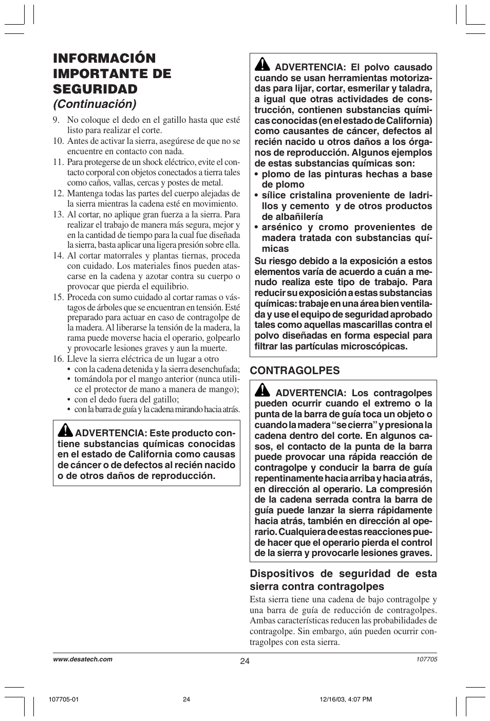 Información importante de seguridad, Continuación) | Desa 107624-01 User Manual | Page 24 / 68