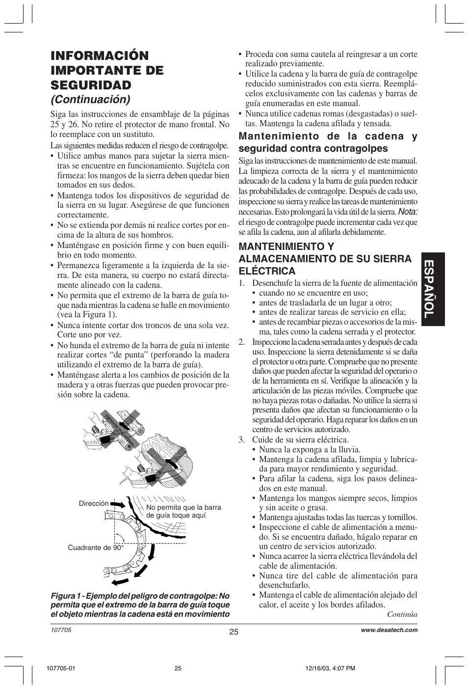 Español, Información importante de seguridad, Continuación) | Desa 107624-01 User Manual | Page 25 / 68