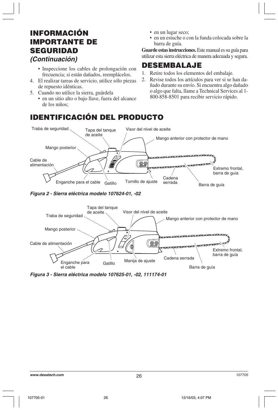 Información importante de seguridad desembalaje, Identificación del producto, Continuación) | Desa 107624-01 User Manual | Page 26 / 68