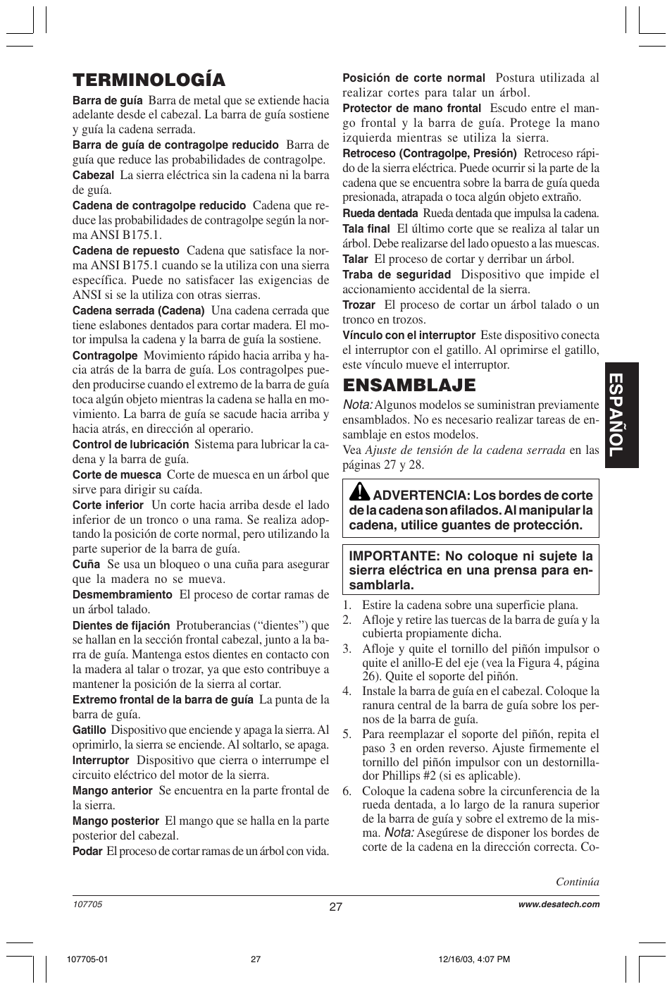 Español terminología, Ensamblaje | Desa 107624-01 User Manual | Page 27 / 68