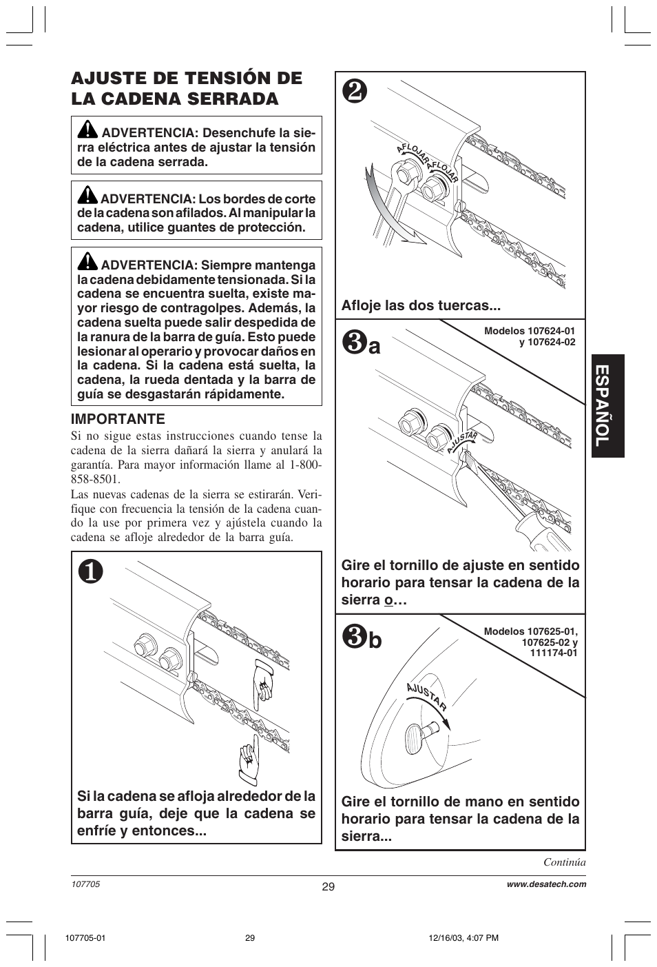 Español ajuste de tensión de la cadena serrada | Desa 107624-01 User Manual | Page 29 / 68