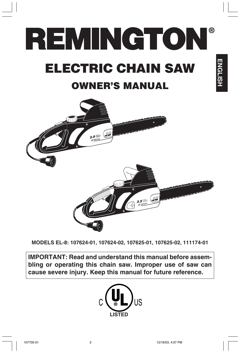 Electric chain saw, Owner’s manual, English | Desa 107624-01 User Manual | Page 3 / 68