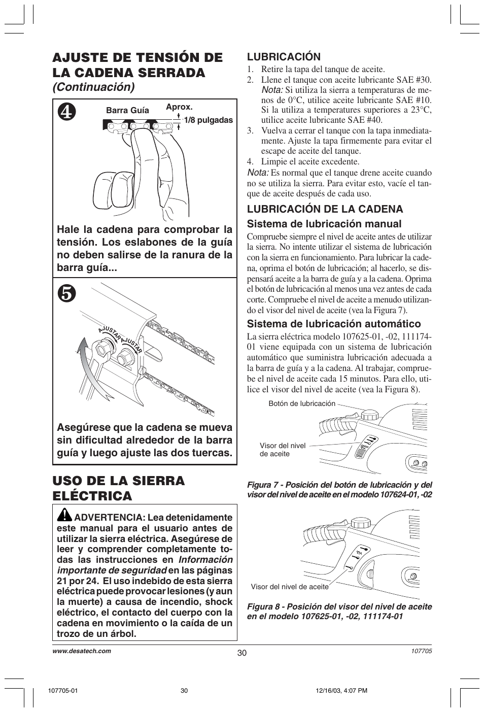 Ajuste de tensión de la cadena serrada, Uso de la sierra eléctrica, Continuación) | Desa 107624-01 User Manual | Page 30 / 68