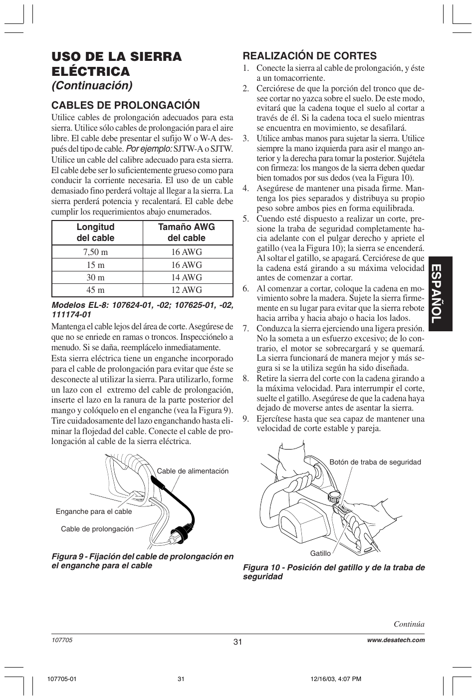 Español, Uso de la sierra eléctrica, Continuación) | Desa 107624-01 User Manual | Page 31 / 68