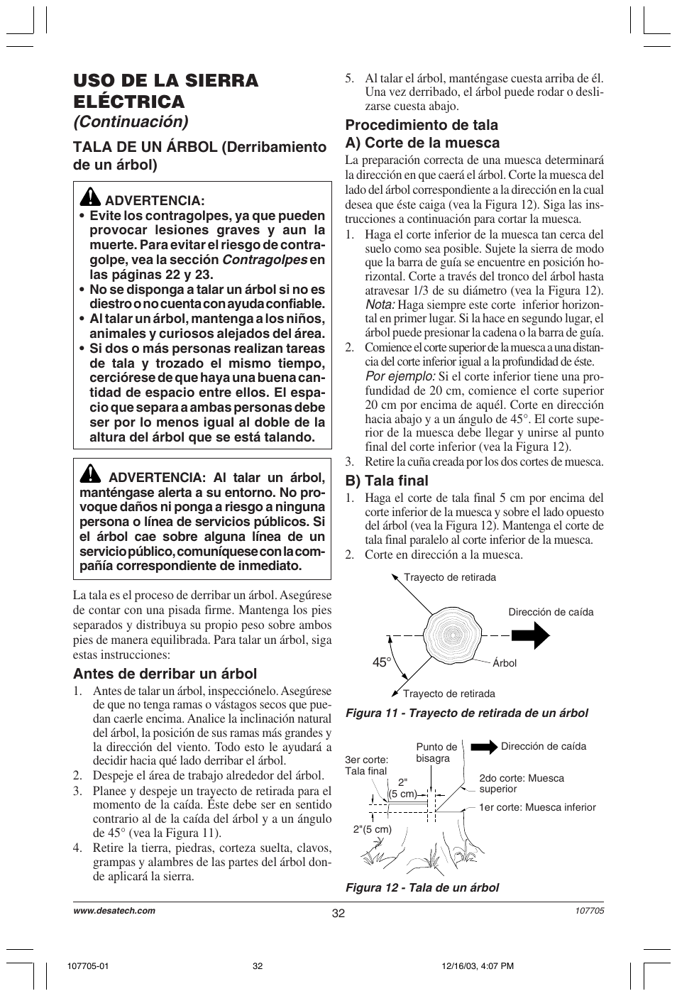 Uso de la sierra eléctrica, Continuación) | Desa 107624-01 User Manual | Page 32 / 68