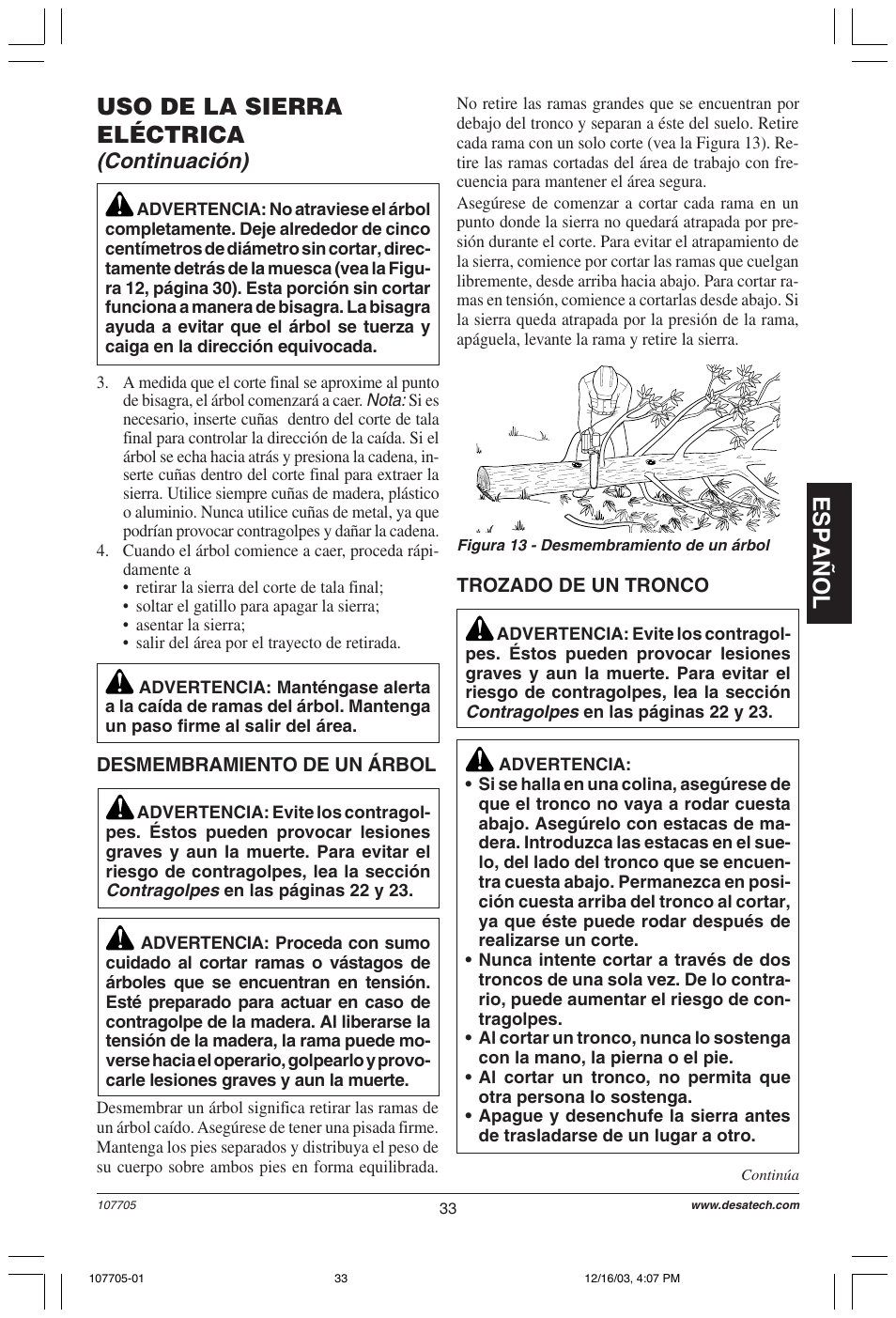 Español, Uso de la sierra eléctrica, Continuación) | Desa 107624-01 User Manual | Page 33 / 68