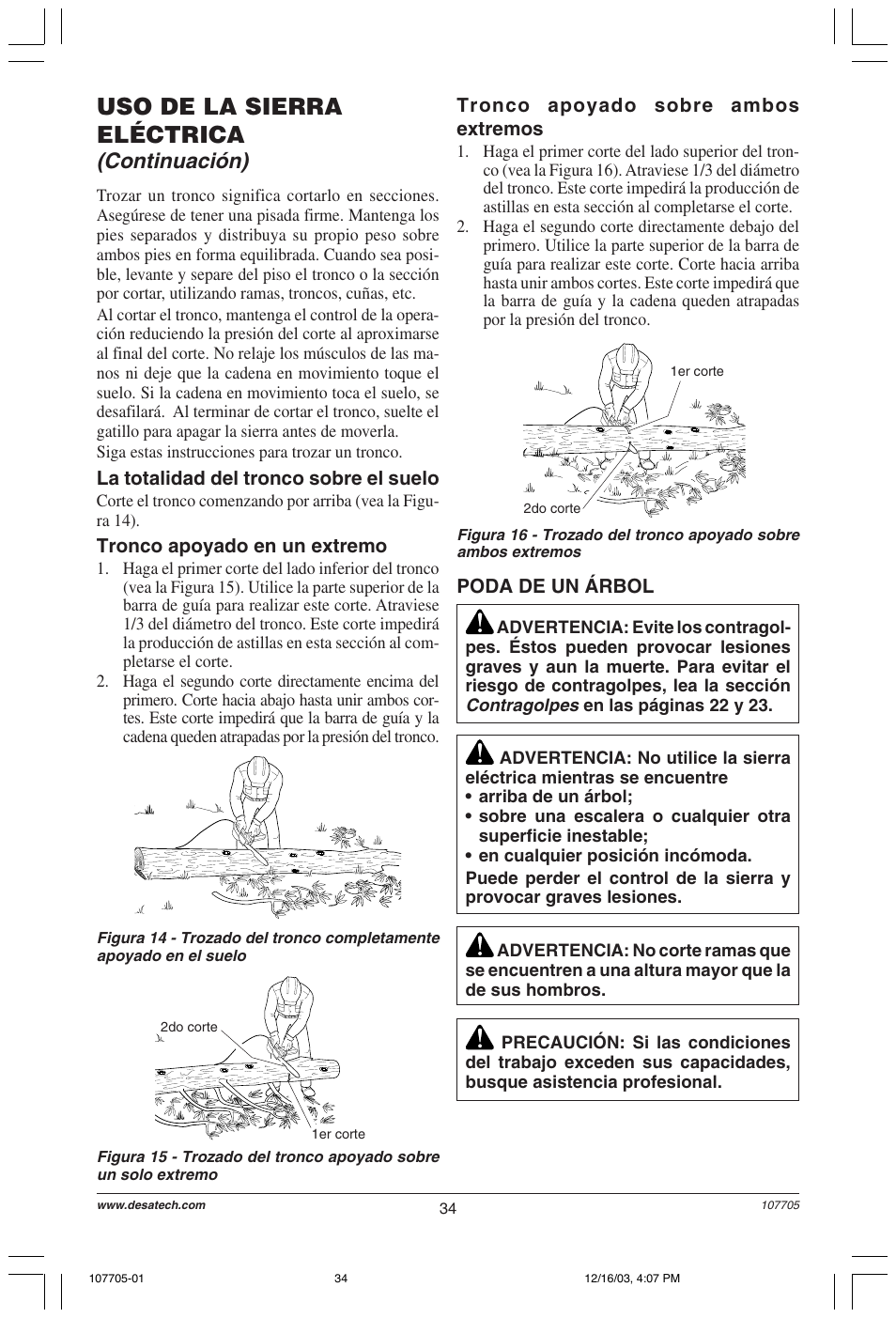 Uso de la sierra eléctrica, Continuación) | Desa 107624-01 User Manual | Page 34 / 68