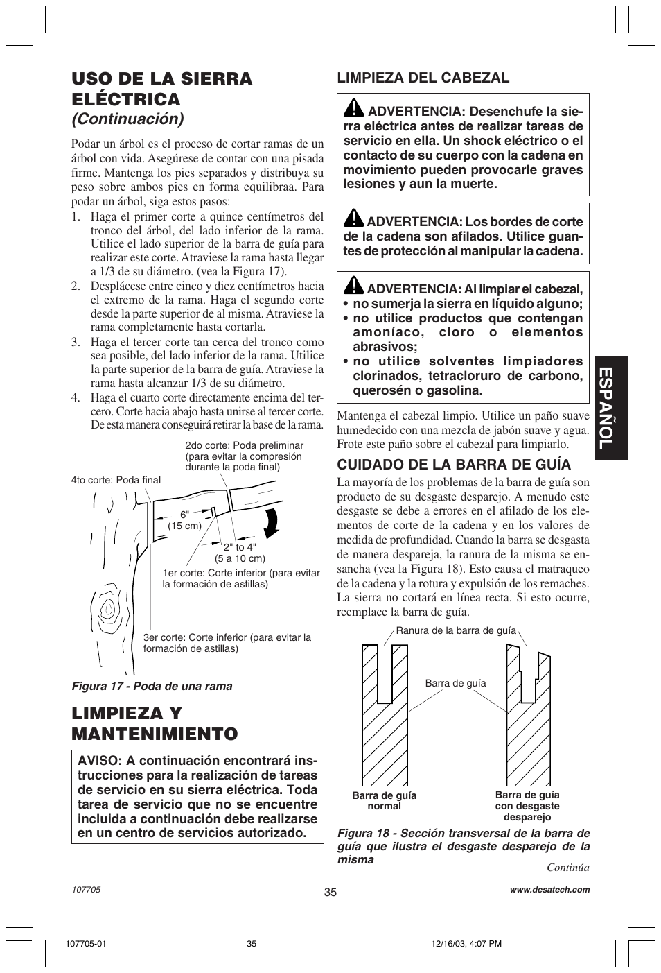 Español, Uso de la sierra eléctrica, Limpieza y mantenimiento | Continuación) | Desa 107624-01 User Manual | Page 35 / 68