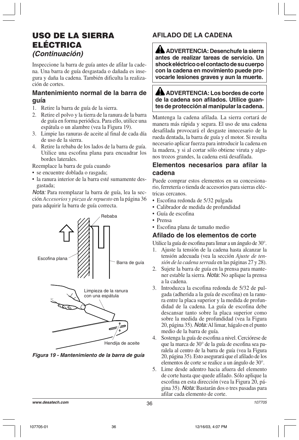 Uso de la sierra eléctrica, Continuación) | Desa 107624-01 User Manual | Page 36 / 68