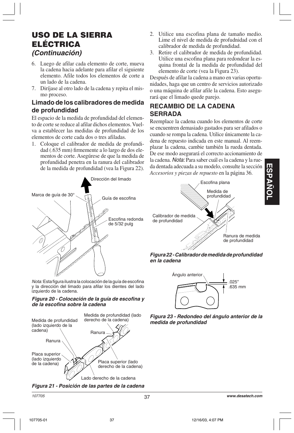 Español, Uso de la sierra eléctrica, Continuación) | Recambio de la cadena serrada | Desa 107624-01 User Manual | Page 37 / 68