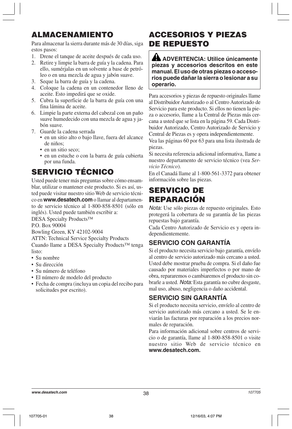 Almacenamiento, Accesorios y piezas de repuesto servicio técnico, Servicio de reparación | Desa 107624-01 User Manual | Page 38 / 68