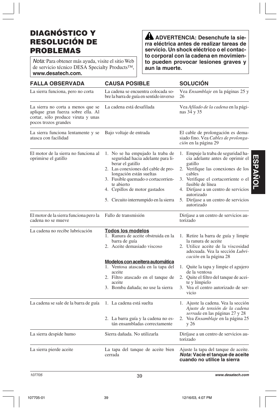 Español diagnóstico y resolución de problemas | Desa 107624-01 User Manual | Page 39 / 68