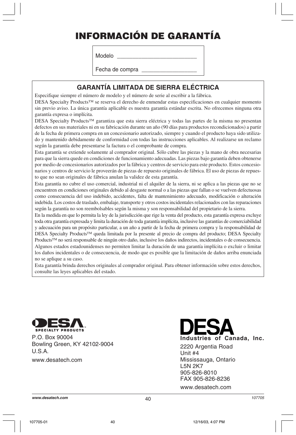 Información de garantía | Desa 107624-01 User Manual | Page 40 / 68