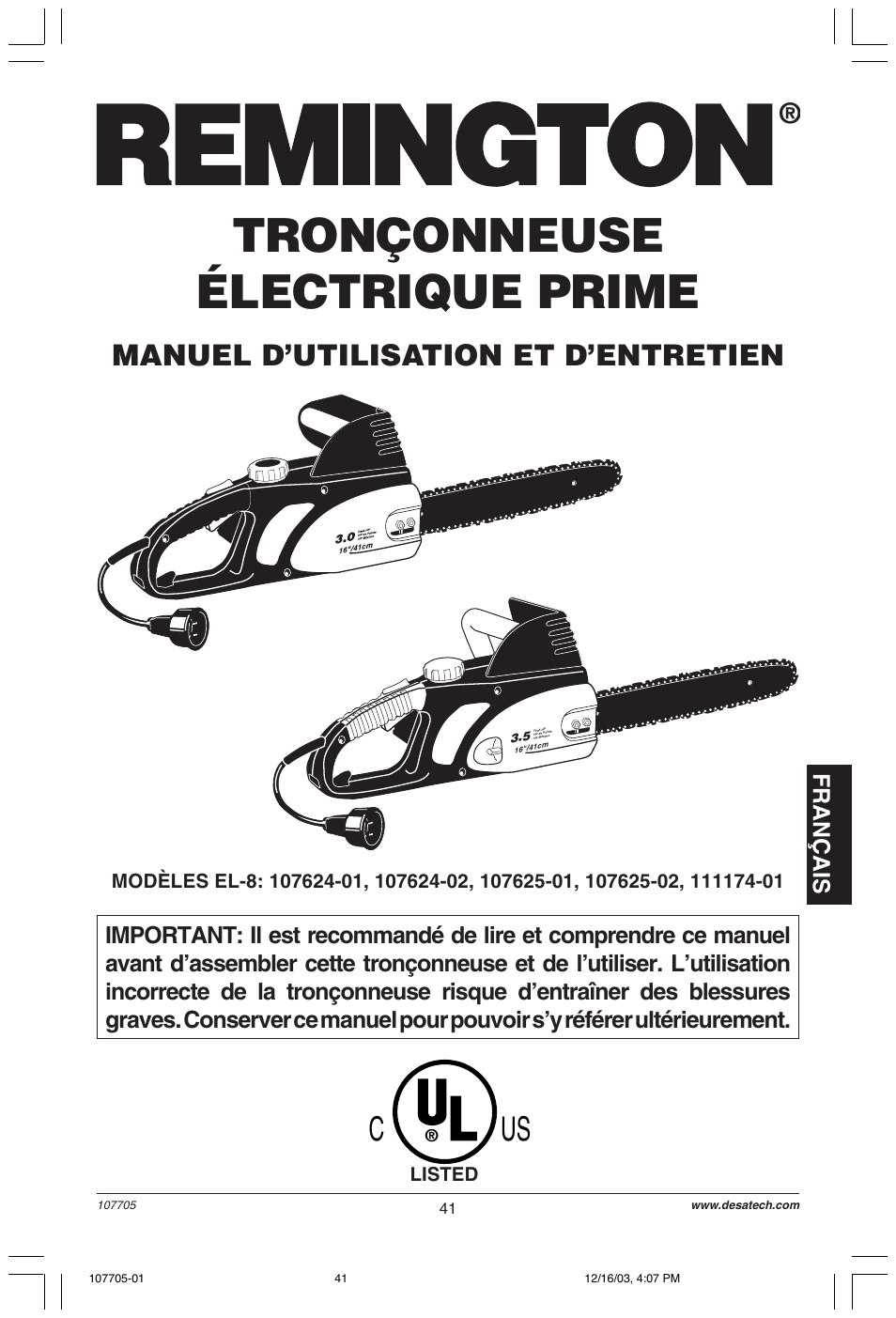 Tronçonneuse électrique prime, Manuel d’utilisation et d’entretien, Français | Desa 107624-01 User Manual | Page 41 / 68