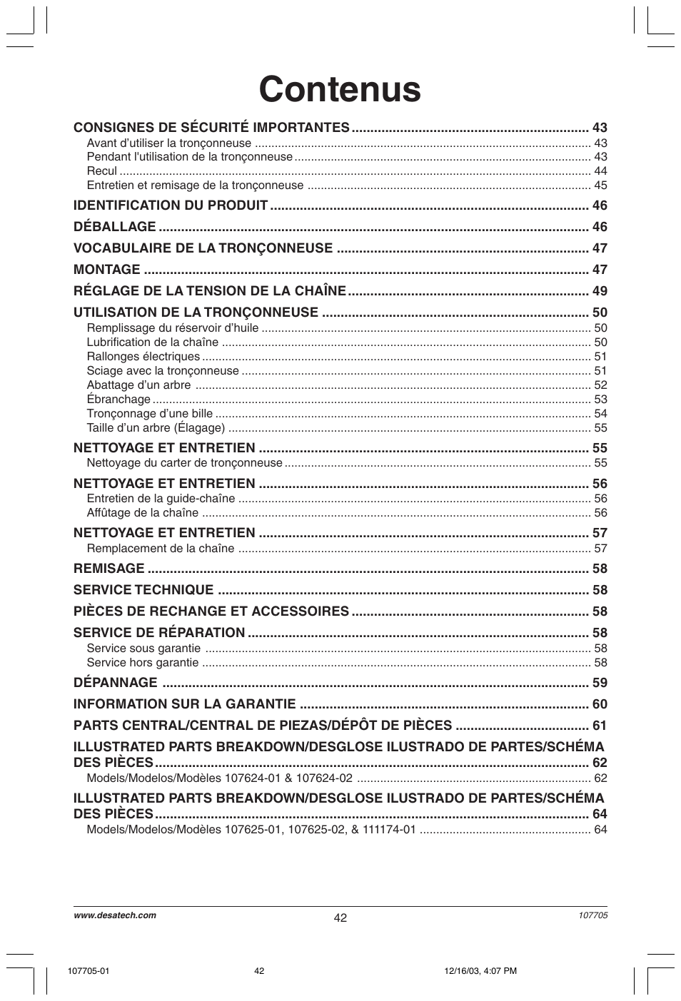 Contenus | Desa 107624-01 User Manual | Page 42 / 68