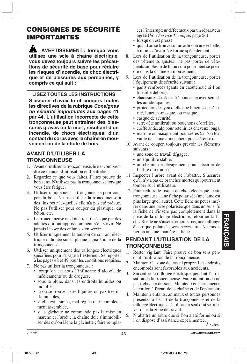 Français consignes de sécurité importantes | Desa 107624-01 User Manual | Page 43 / 68