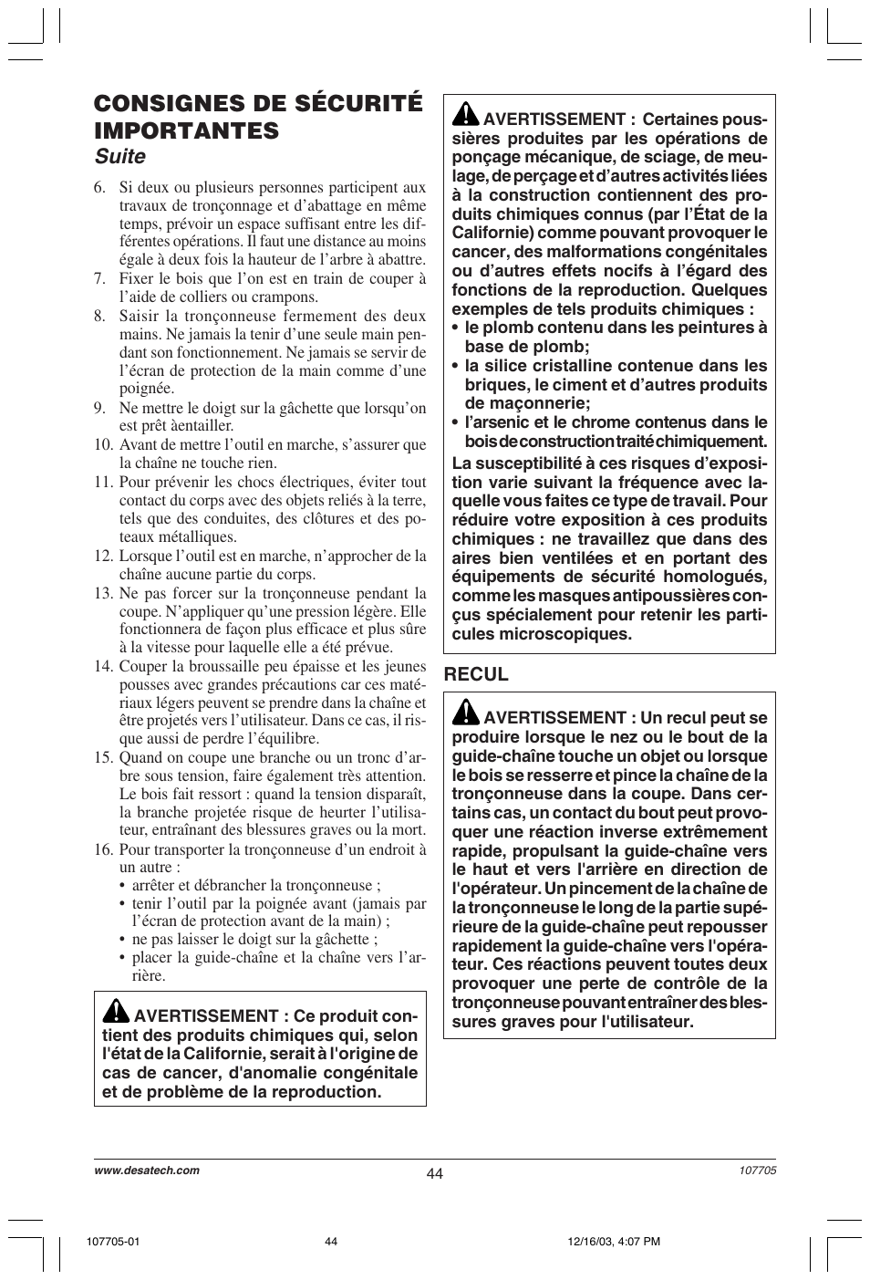 Consignes de sécurité importantes, Suite | Desa 107624-01 User Manual | Page 44 / 68