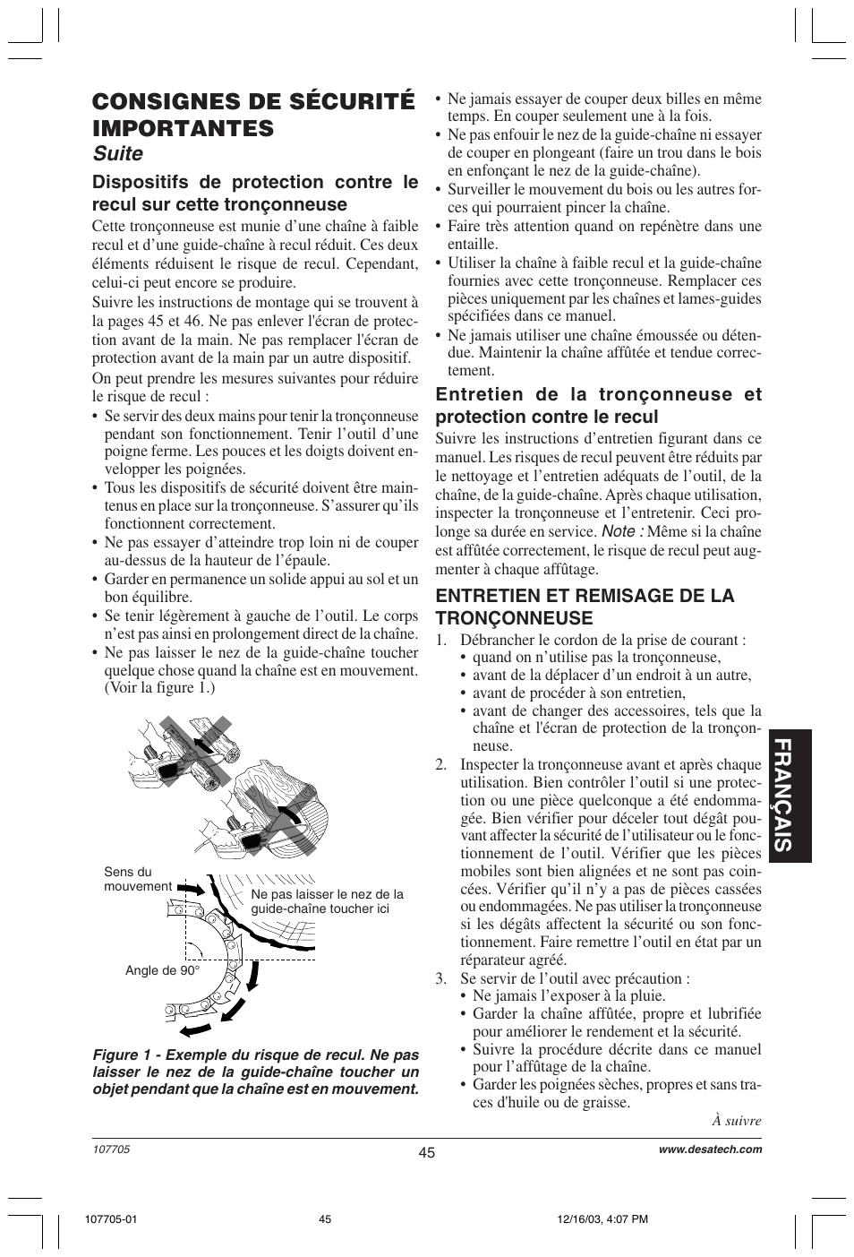 Français, Consignes de sécurité importantes, Suite | Desa 107624-01 User Manual | Page 45 / 68