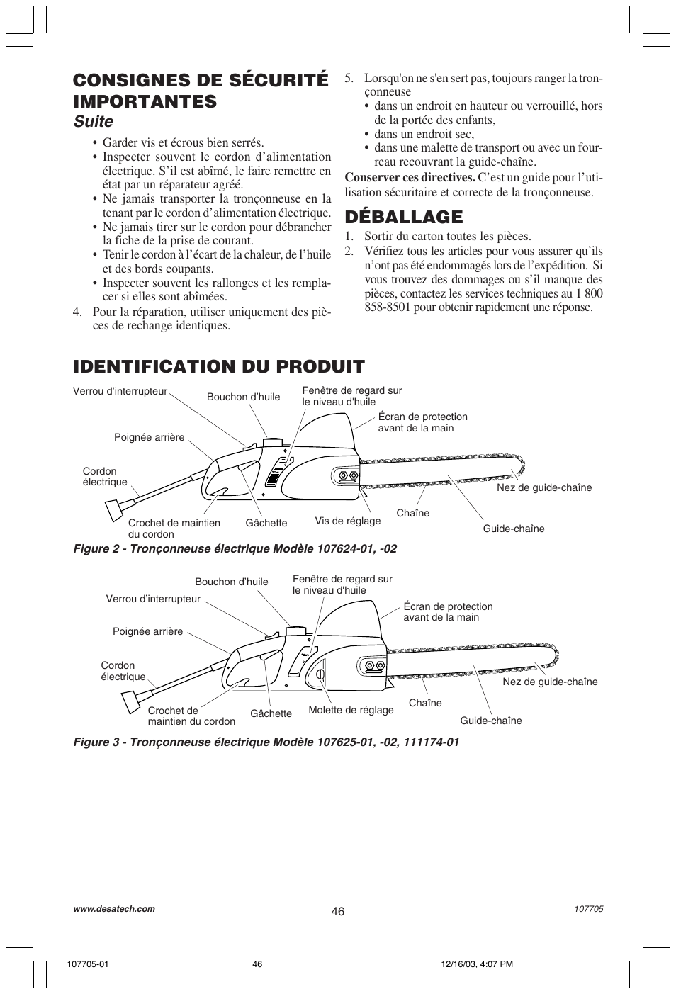 Consignes de sécurité importantes, Identification du produit, Déballage | Suite | Desa 107624-01 User Manual | Page 46 / 68