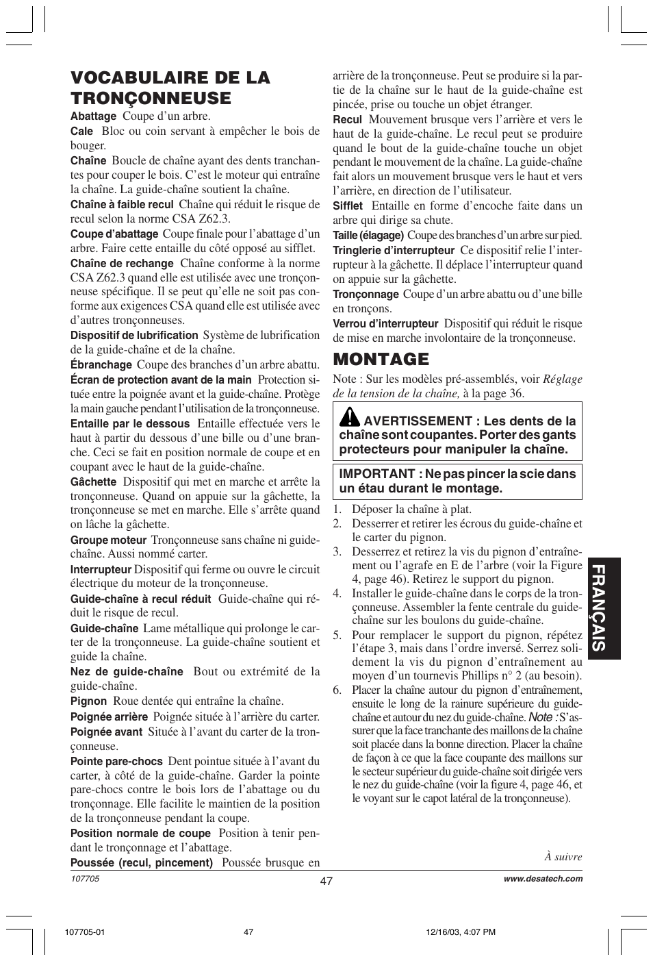 Français montage, Vocabulaire de la tronçonneuse | Desa 107624-01 User Manual | Page 47 / 68