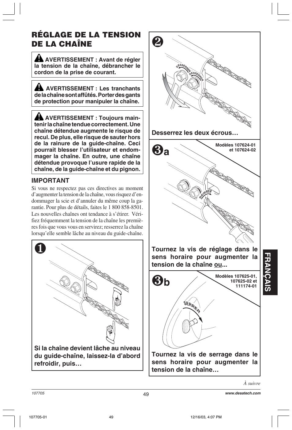 Français réglage de la tension de la chaîne | Desa 107624-01 User Manual | Page 49 / 68