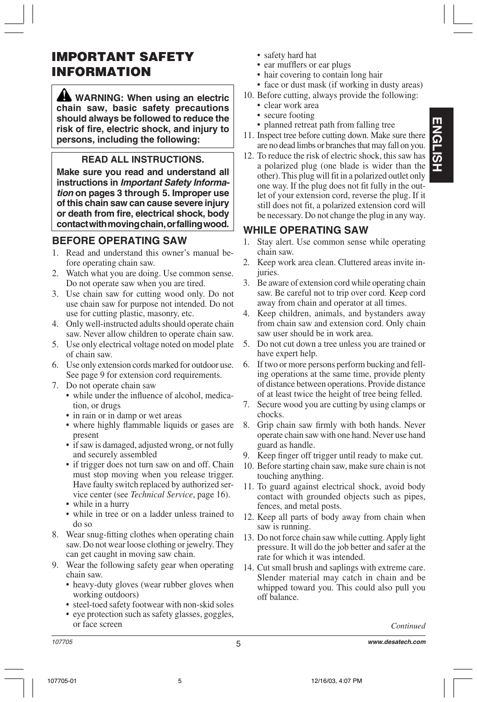 English important safety information | Desa 107624-01 User Manual | Page 5 / 68