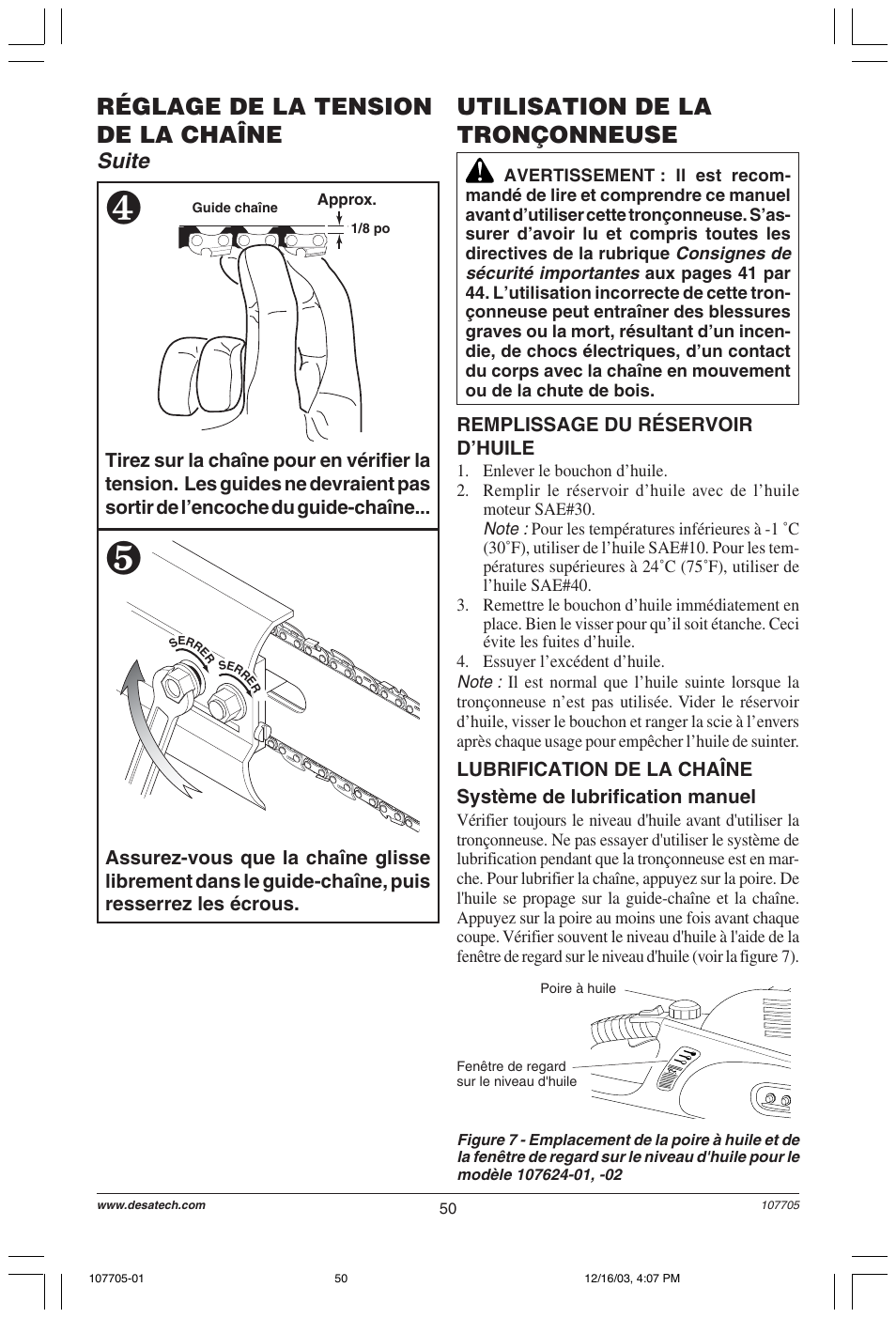 Réglage de la tension de la chaîne, Utilisation de la tronçonneuse, Suite | Desa 107624-01 User Manual | Page 50 / 68