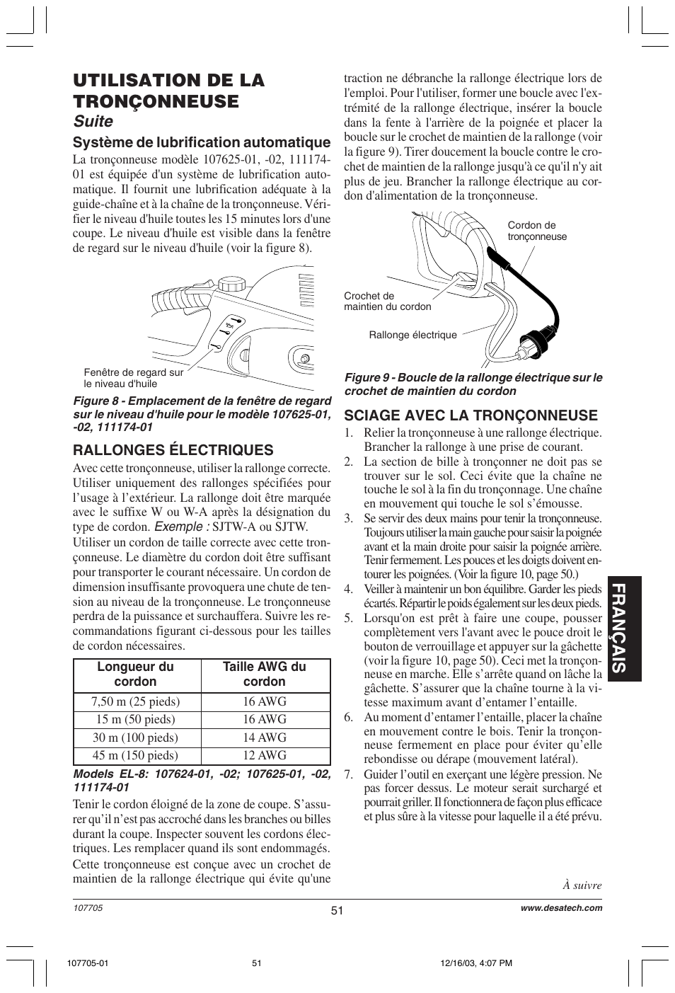 Français, Utilisation de la tronçonneuse, Suite | Desa 107624-01 User Manual | Page 51 / 68