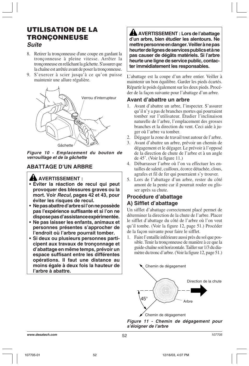 Utilisation de la tronçonneuse, Suite | Desa 107624-01 User Manual | Page 52 / 68